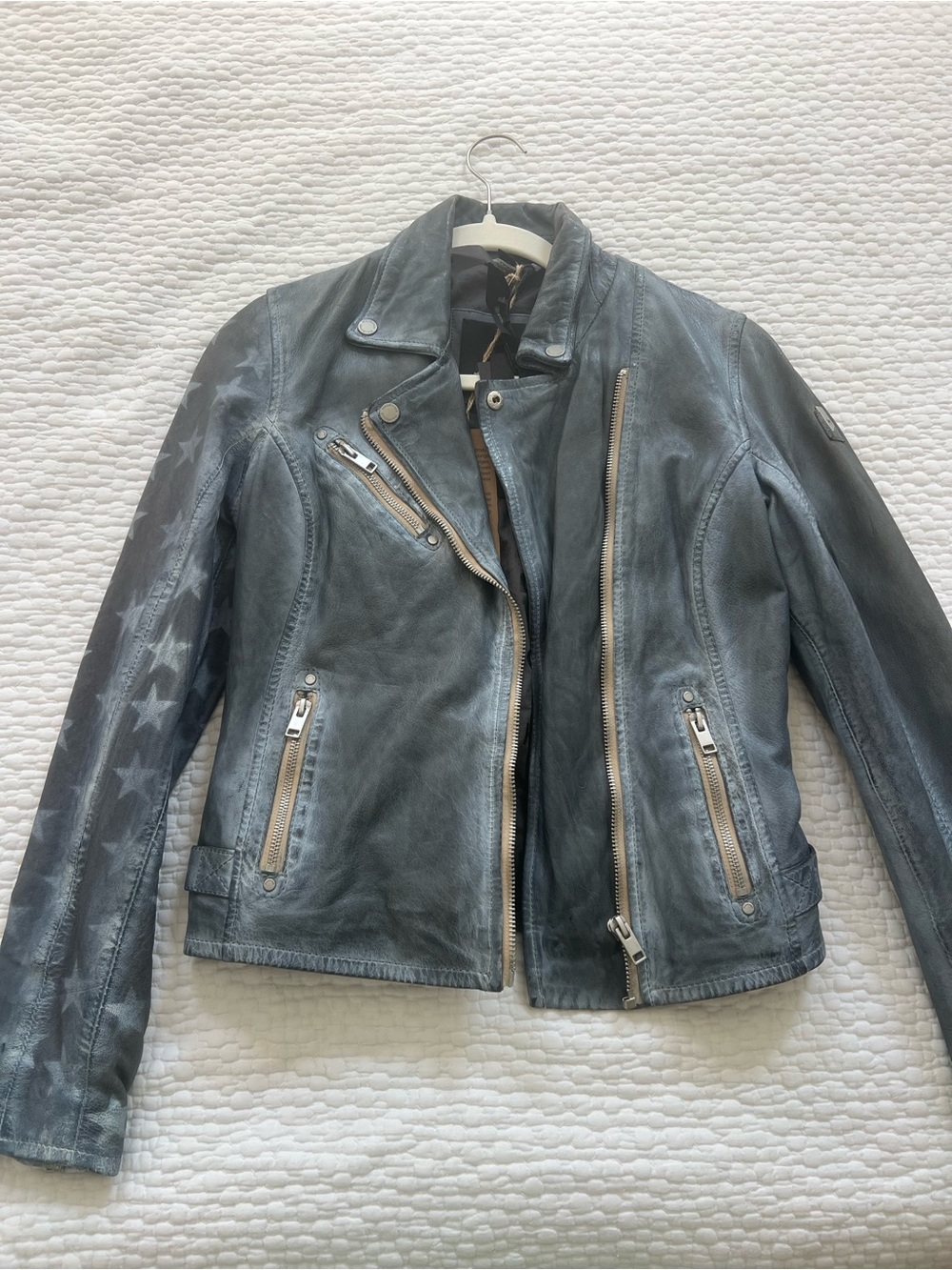 NWT MAURITIUS / Womens Vintage-Style Distressed Leather Motorcycle Jacket - Gray